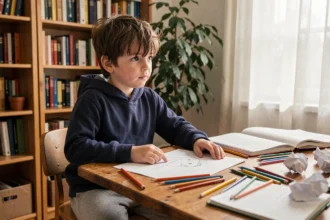 Jeune garçon distrait assis à un bureau encombré, illustrant les symptômes du TDAH chez l'enfant