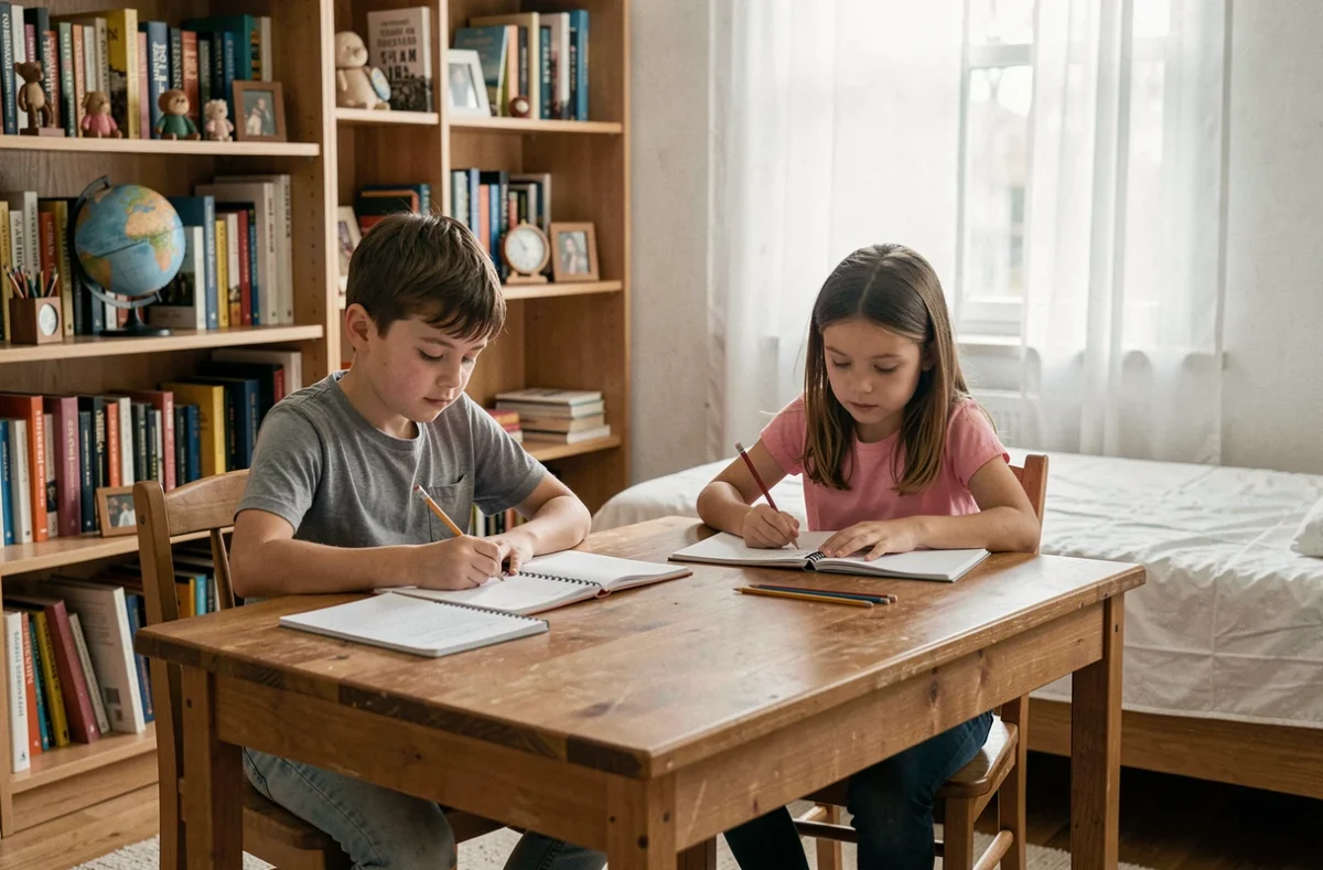 Deux enfants de 9 ans faisant leurs devoirs seuls dans une chambre, illustrant l'autonomie scolaire et la concentration personnelle