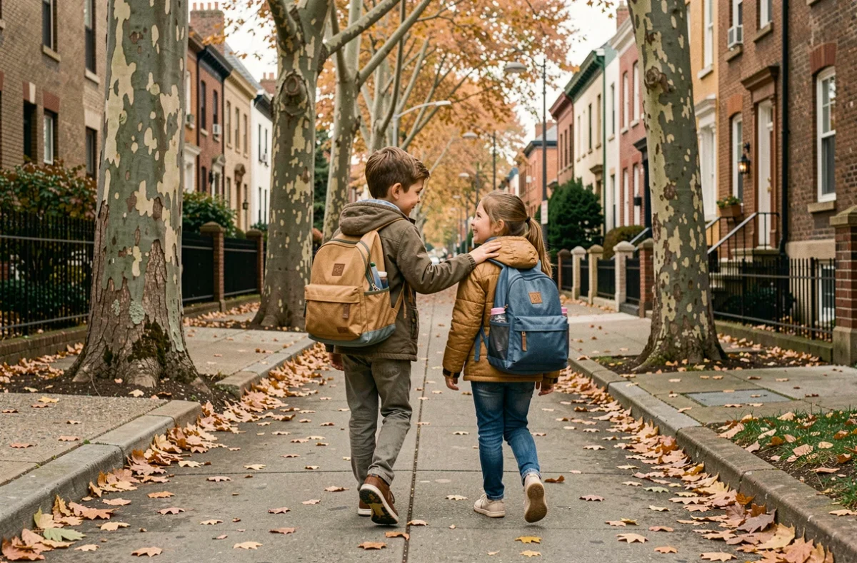 Deux enfants marchant ensemble dans une rue en automne, illustrant l'entraide et le développement du courage au quotidien