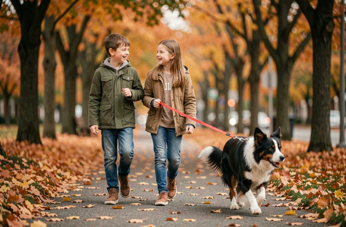 Deux enfants promenant un border collie en laisse sur un chemin de parc en automne