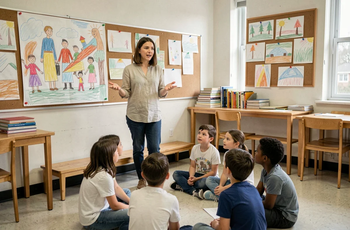 Une enseignante interagit avec ses jeunes élèves assis en cercle dans une salle de classe colorée, illustrant le rôle de l'école dans l'éducation des enfants