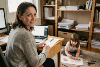 Femme travaillant depuis chez elle tout en veillant sur sa fille qui dessine, illustrant l'équilibre entre vie professionnelle et vie familiale