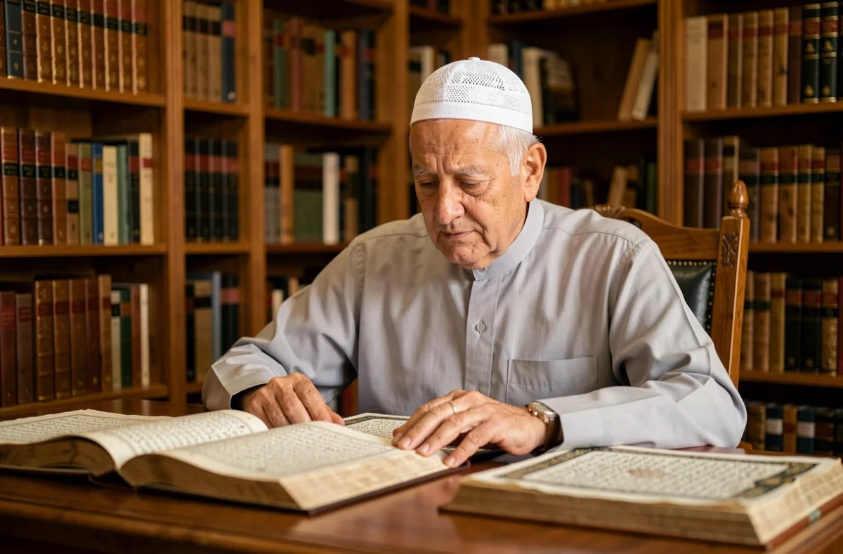 Érudit islamique étudiant des manuscrits arabes dans une bibliothèque, évoquant les débats religieux sur le mariage entre cousins