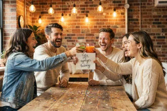 Groupe d'amis adultes portant un toast joyeux anniversaire autour d'une table rustique avec confettis et carte manuscrite