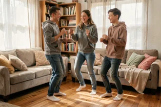 Famille en train de danser spontanément dans le salon pour rompre la routine du quotidien