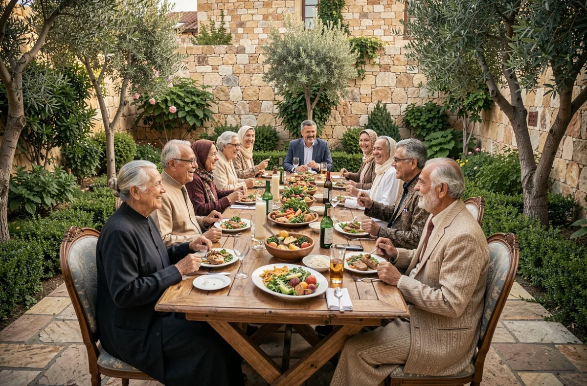 Grande famille du Moyen-Orient réunie lors d'un repas de fête en plein air, illustrant les liens familiaux et les traditions de mariage dans la culture islamique