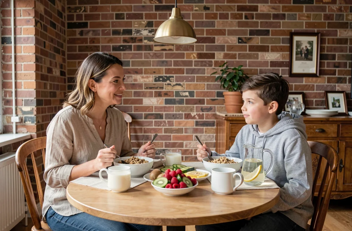 Mère et fils partageant un petit déjeuner nutritif et équilibré ensemble à la table familiale pour gérer le surpoids infantile
