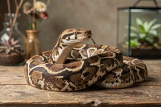 Serpent femelle python royal en coils sur une surface en bois patiné, détails précis des écailles brunes et crème, tête levée avec langue bifide visible