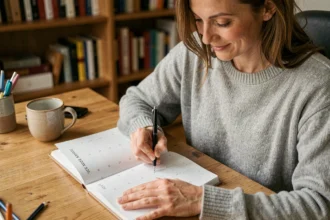 Femme écrivant dans un agenda papier 2026 posé sur un bureau en bois dans un bureau à domicile cosy