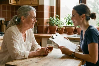 Femme de plus de 50 ans en entretien avec une assistante sociale pour un dossier d'adoption