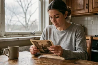 Femme tenant une vieille photo de son père décédé avec une expression de deuil et de souvenir mélancolique