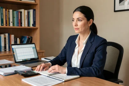 Femme concentrée gérant son budget personnel avec des documents financiers et un carnet de comptes sur un bureau en bois