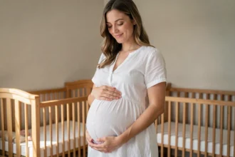 Femme enceinte de jumeaux tenant son ventre arrondi dans une chambre de bébé avec deux berceaux en bois