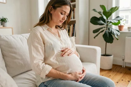 Jeune femme enceinte dans la vingtaine assise dans un salon nordique, tenant son ventre avec sérénité