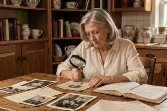 Femme d'une cinquantaine d'années examinant de vieilles photos de famille et des documents généalogiques sur une table en bois