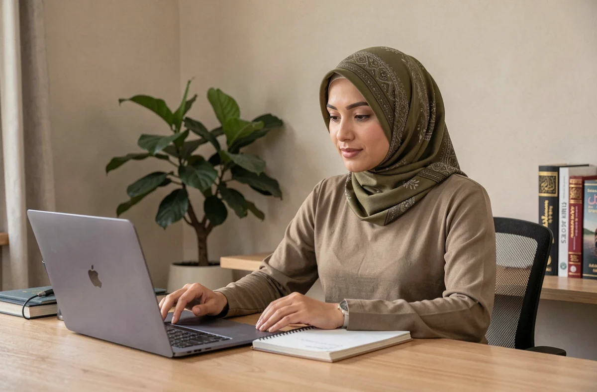 Femme musulmane gérant le budget familial sur ordinateur portable dans un bureau à domicile