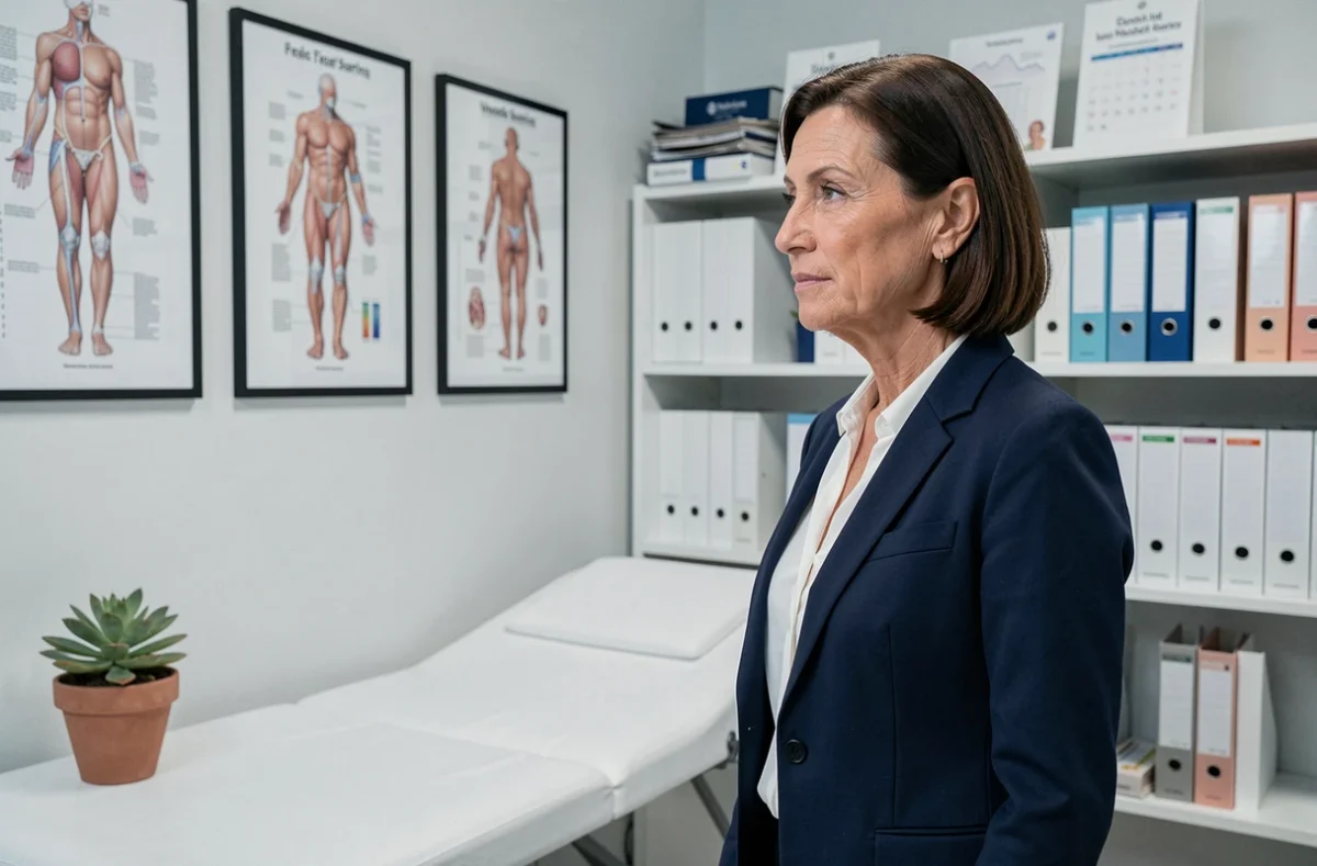 Femme de quarante ans réfléchissant à sa grossesse dans un cabinet gynécologique moderne