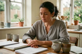 Femme épuisée assise à une table encombrée des tâches des autres, réalisant qu'elle aide trop les gens autour d'elle