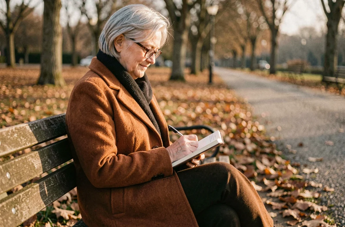 Femme mature seule sur un banc de parc en automne écrivant dans un journal, reflétant une prise de conscience sur l'aide excessive aux autres