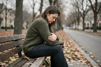 Femme assise seule sur un banc dans un parc en automne, l'air préoccupée, illustrant les signes de troubles émotionnels