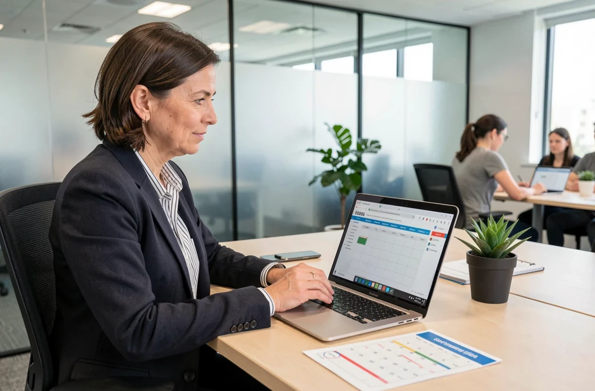 Femme téléchargeant un modèle d'agenda 2026 gratuit sur un ordinateur portable dans un bureau moderne