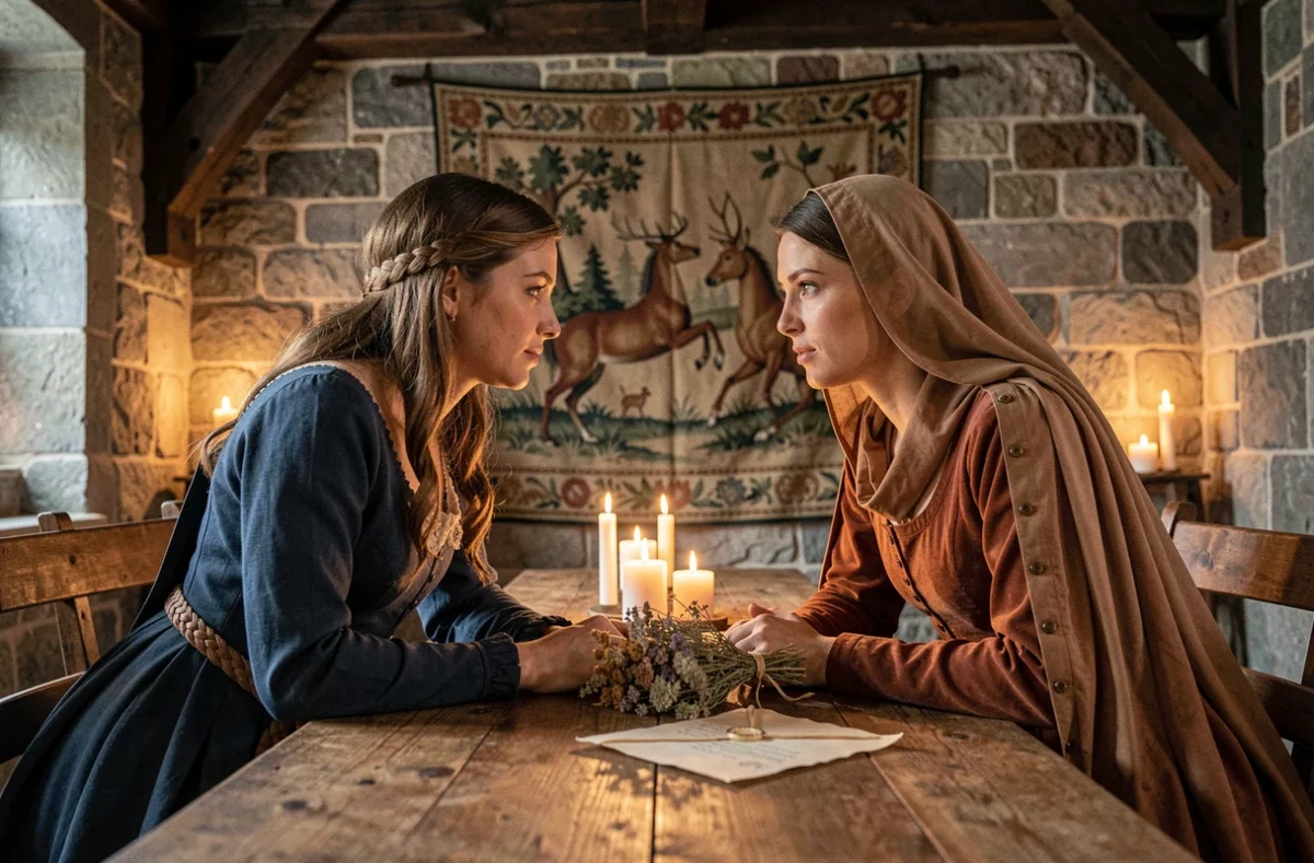 Deux femmes nobles en robes médiévales conversant dans une grande salle de château, évoquant les liens affectifs et sociaux au Moyen-Âge