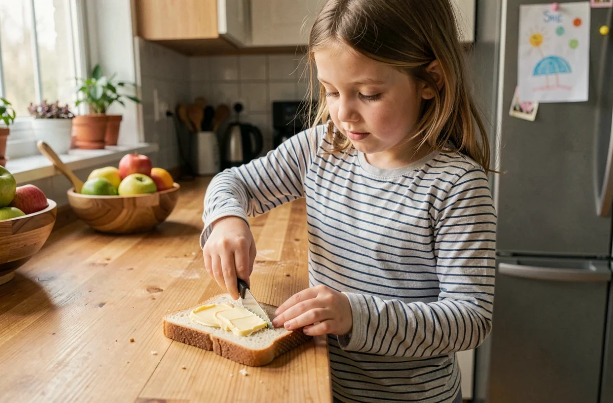 Fillette de 9 ans qui prépare son goûter seule dans la cuisine, symbole d'autonomie et de responsabilisation à la maison