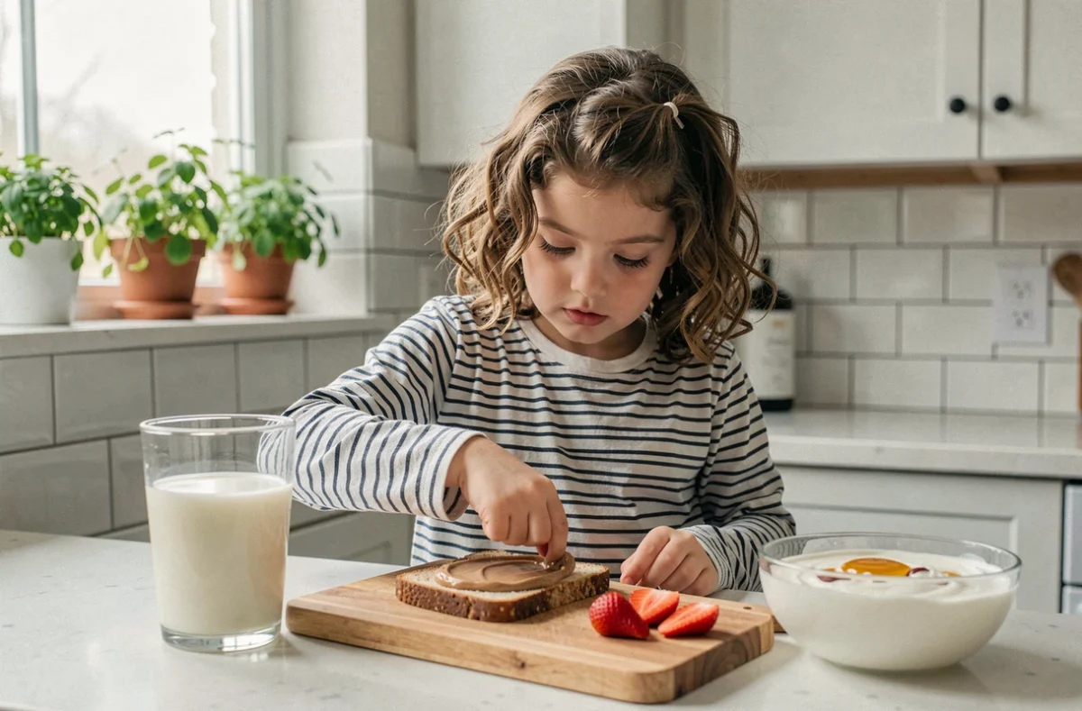 Fillette préparant un petit déjeuner équilibré avec du pain complet, des fruits et du yaourt dans une cuisine lumineuse