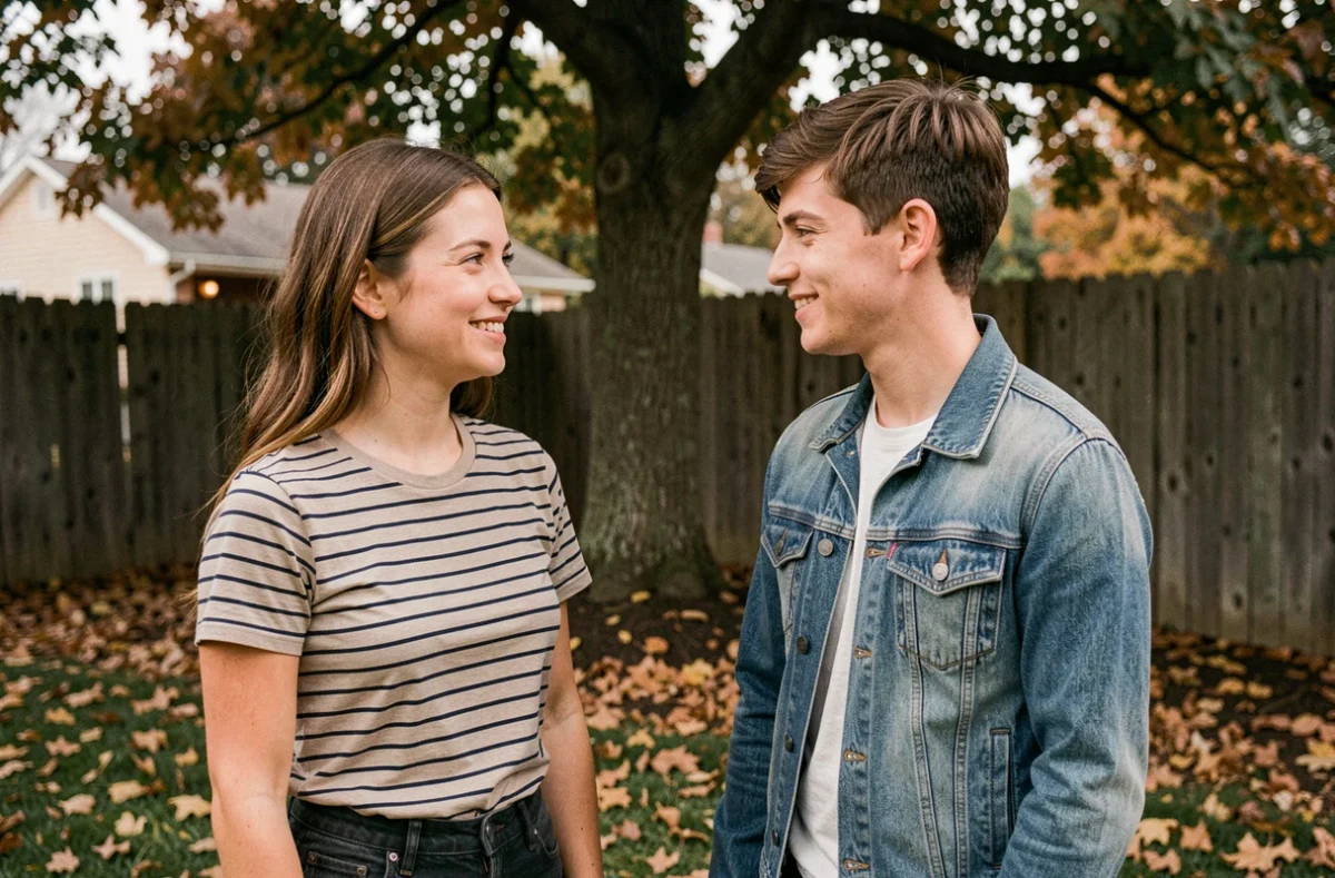 Deux jeunes frère et sœur réconciliés dans un jardin en automne, illustrant la résolution d'un conflit familial entre adultes
