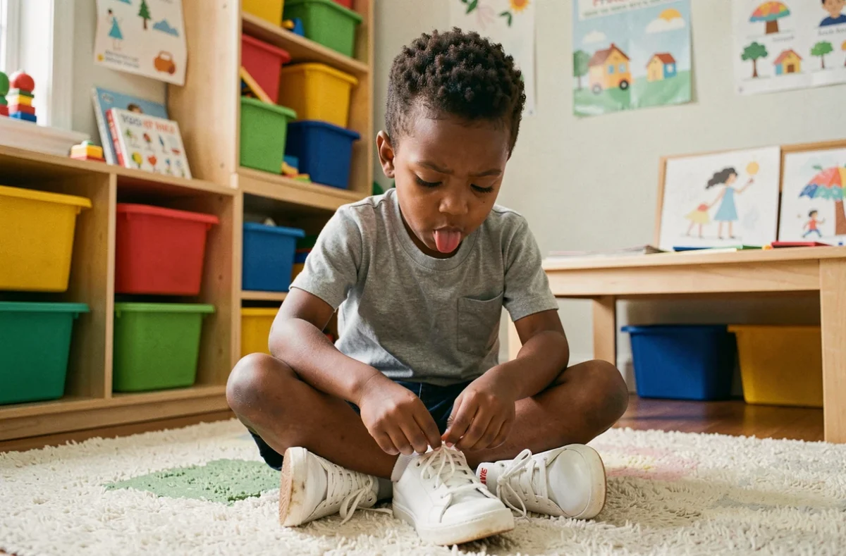 Garçon de 5 ans apprenant à lacer ses chaussures seul sur un tapis de jeux coloré