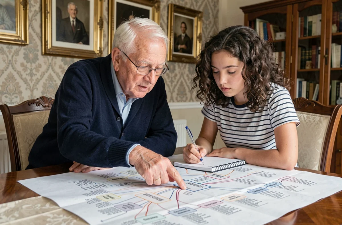 Grand-père et petite-fille construisant ensemble un arbre généalogique familial autour d'une grande table