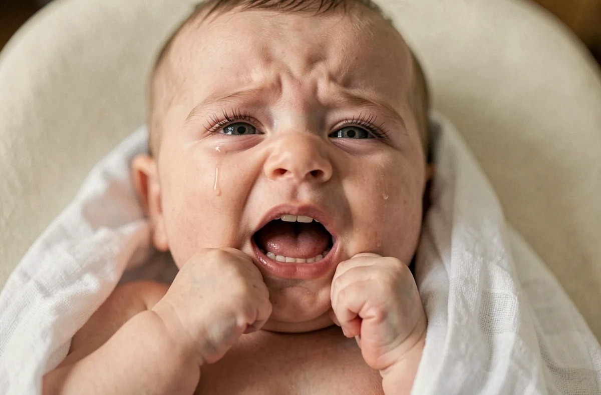 Gros plan d'un bébé de trois mois en train de pleurer intensément allongé sur une couverture en mousseline blanche