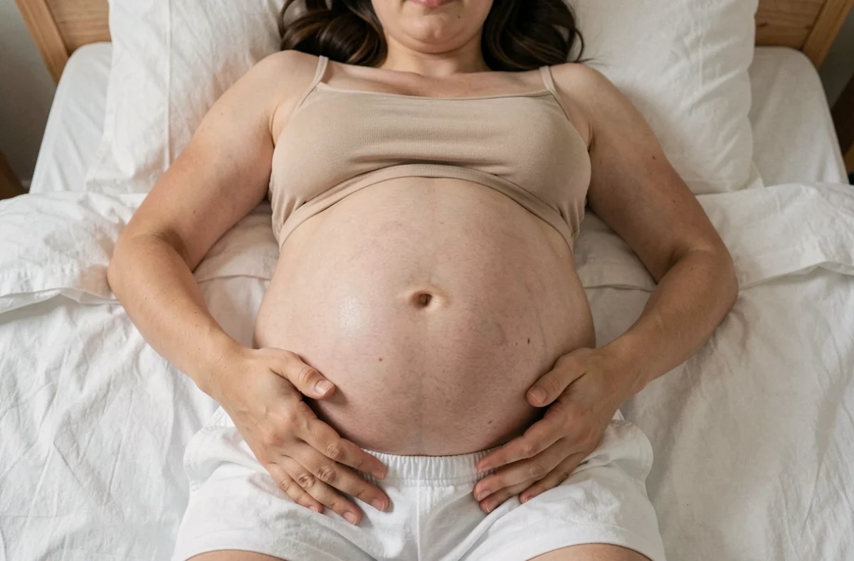 Femme enceinte de jumeaux allongée sur un lit blanc, ventre très arrondi photographié en vue plongeante