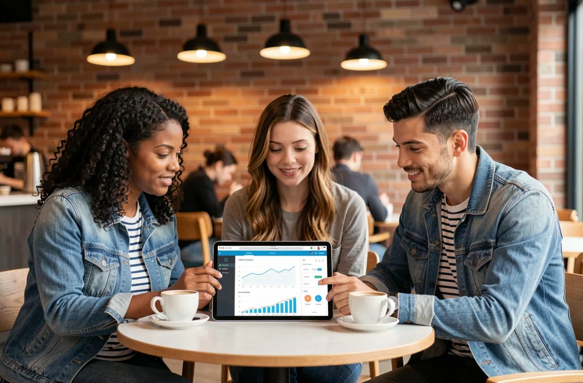 Groupe de jeunes adultes apprenant ensemble les bases de la finance personnelle autour d'une tablette dans un café urbain
