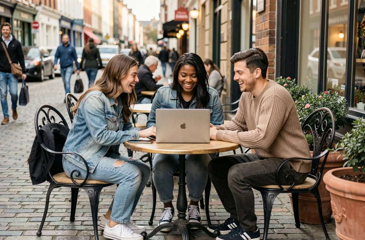 Groupe de jeunes adultes de 21 ans réunis en terrasse de café, symbolisant les nouvelles responsabilités et libertés à cet âge charnière