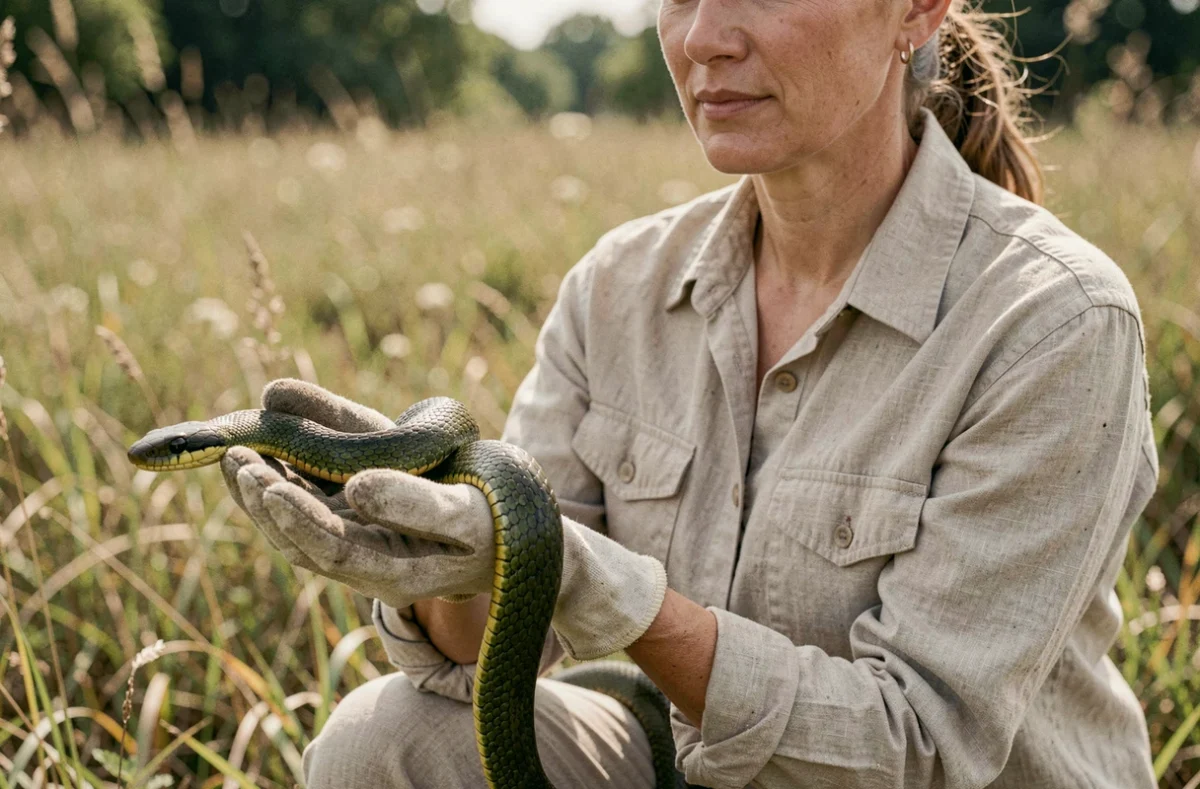 Herpétologiste tenant délicatement une couleuvre femelle verte dans une prairie naturelle, détail des écailles et collerette jaune caractéristique