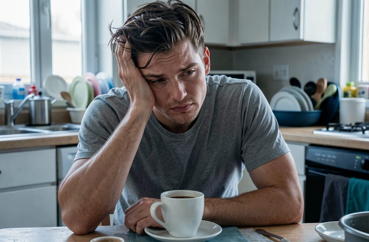 Homme pensif et fatigué assis à une table de cuisine avec un café froid, symbolisant la détresse émotionnelle et l'épuisement mental