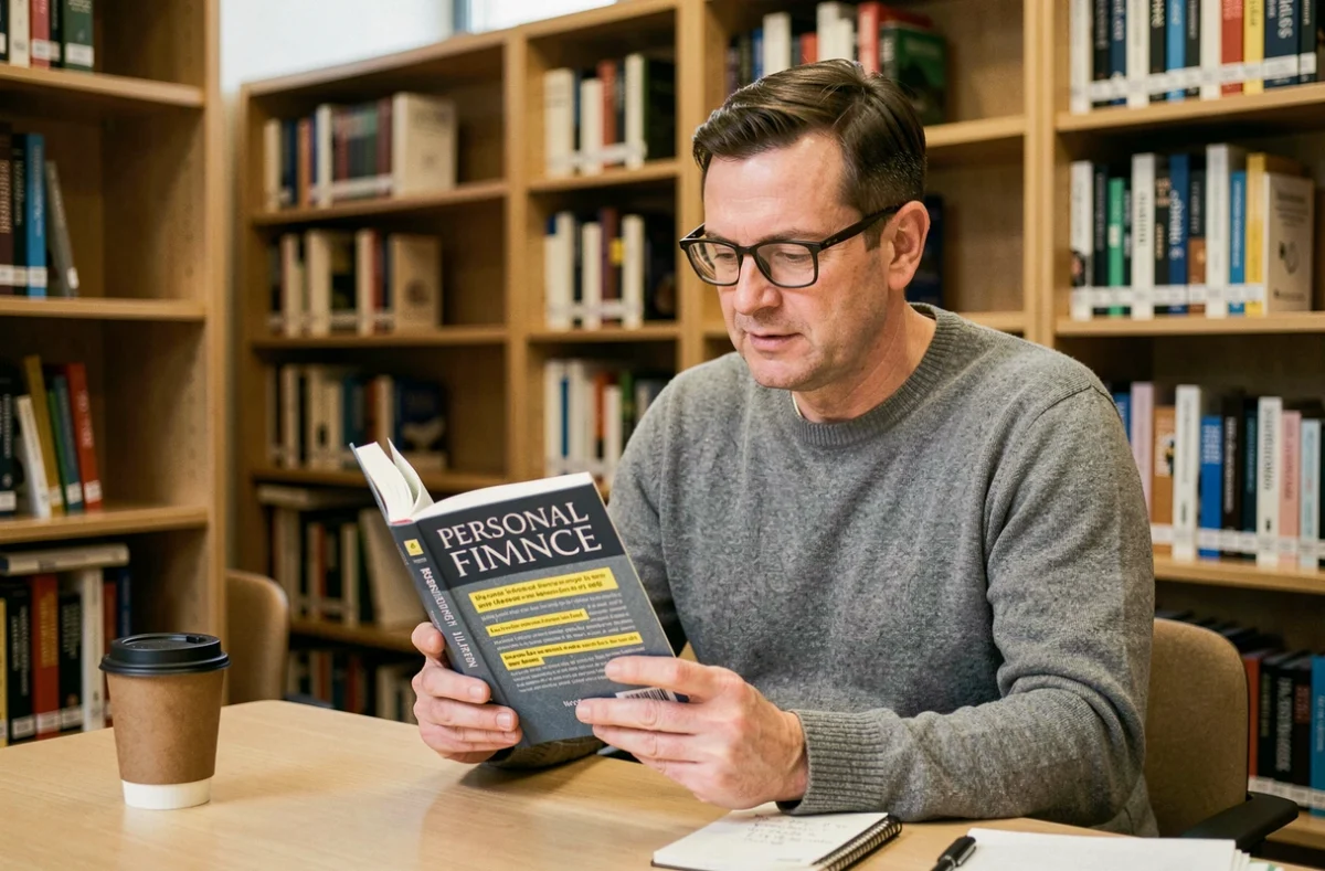 Homme lisant un livre sur l'éducation financière dans une bibliothèque moderne avec des notes manuscrites