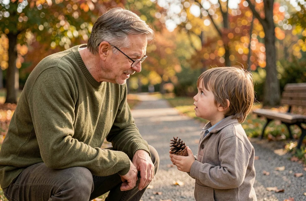 Homme senior en interaction bienveillante avec un enfant dans un parc en automne, illustrant l'adoption tardive