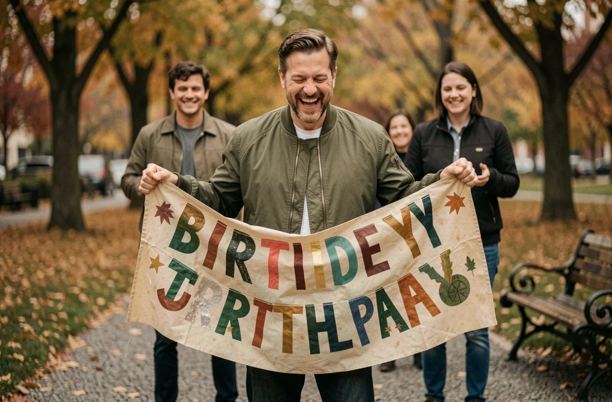 Homme joyeux dans un parc urbain en automne tenant une banderole d'anniversaire créative avec des amis