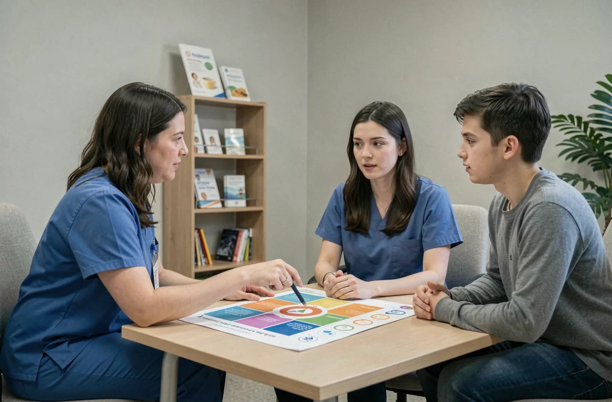 Infirmière pédiatrique conseillant des parents sur l'arrêt de l'anneau de bain lors d'une consultation