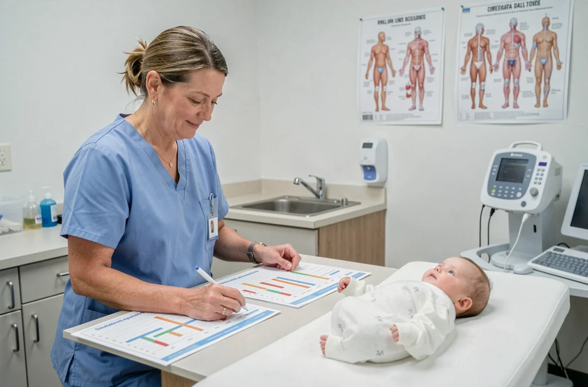 Infirmière pédiatrique comparant des courbes de croissance de nourrissons lors d'une consultation, illustrant les différences de développement entre bébés allaités et non allaités