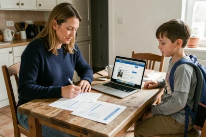 Mère remplissant des formulaires d'inscription scolaire 2026 avec son fils à la maison