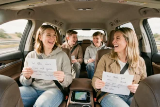 Famille jouant à un jeu de mots en voiture pendant un voyage sur autoroute