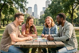 Groupe d'adultes jouant à un jeu de société dans un parc urbain pour se divertir gratuitement