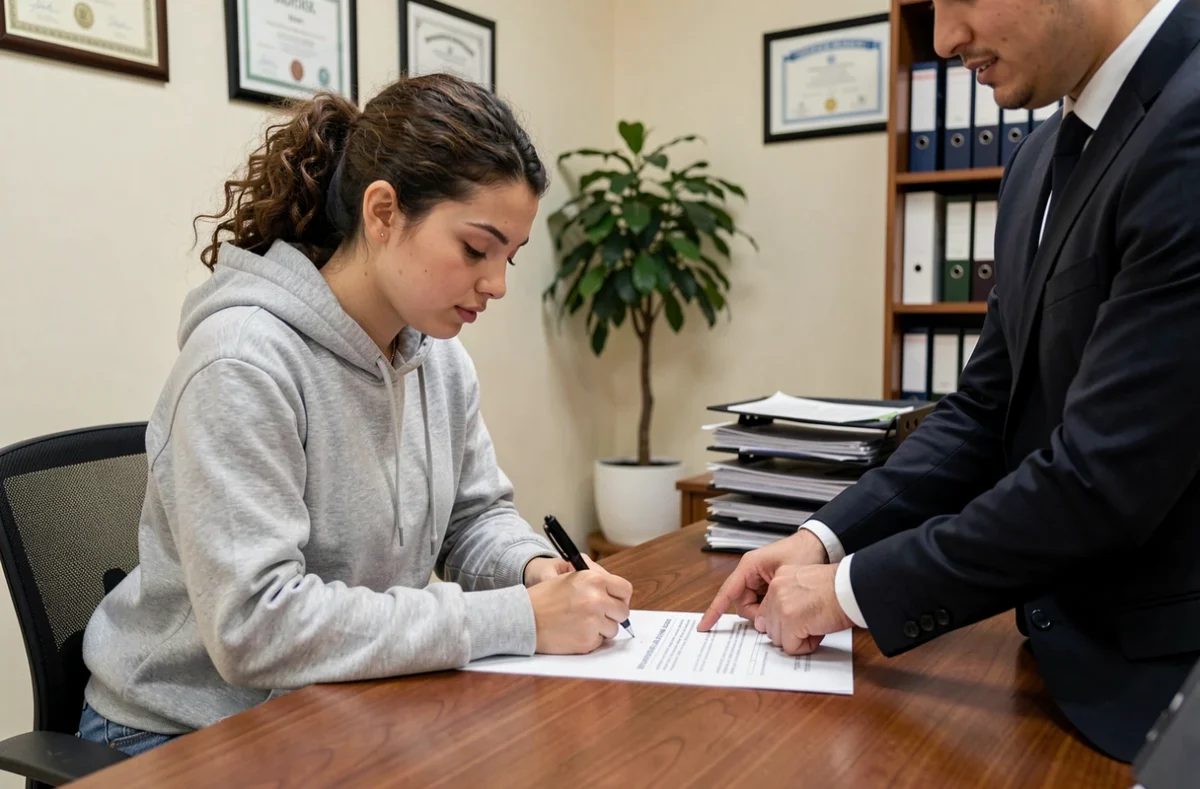 Jeune femme de 21 ans signant un contrat officiel dans un bureau, représentant l'autonomie juridique et financière à 21 ans