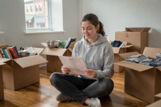 Jeune femme assise parmi des cartons de déménagement dans un appartement vide, réfléchissant à son futur logement
