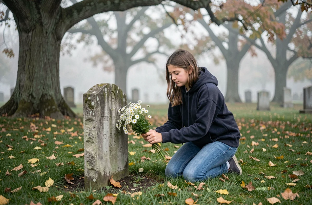 Jeune fille déposant des fleurs sur la tombe de son père au cimetière dans un moment de recueillement