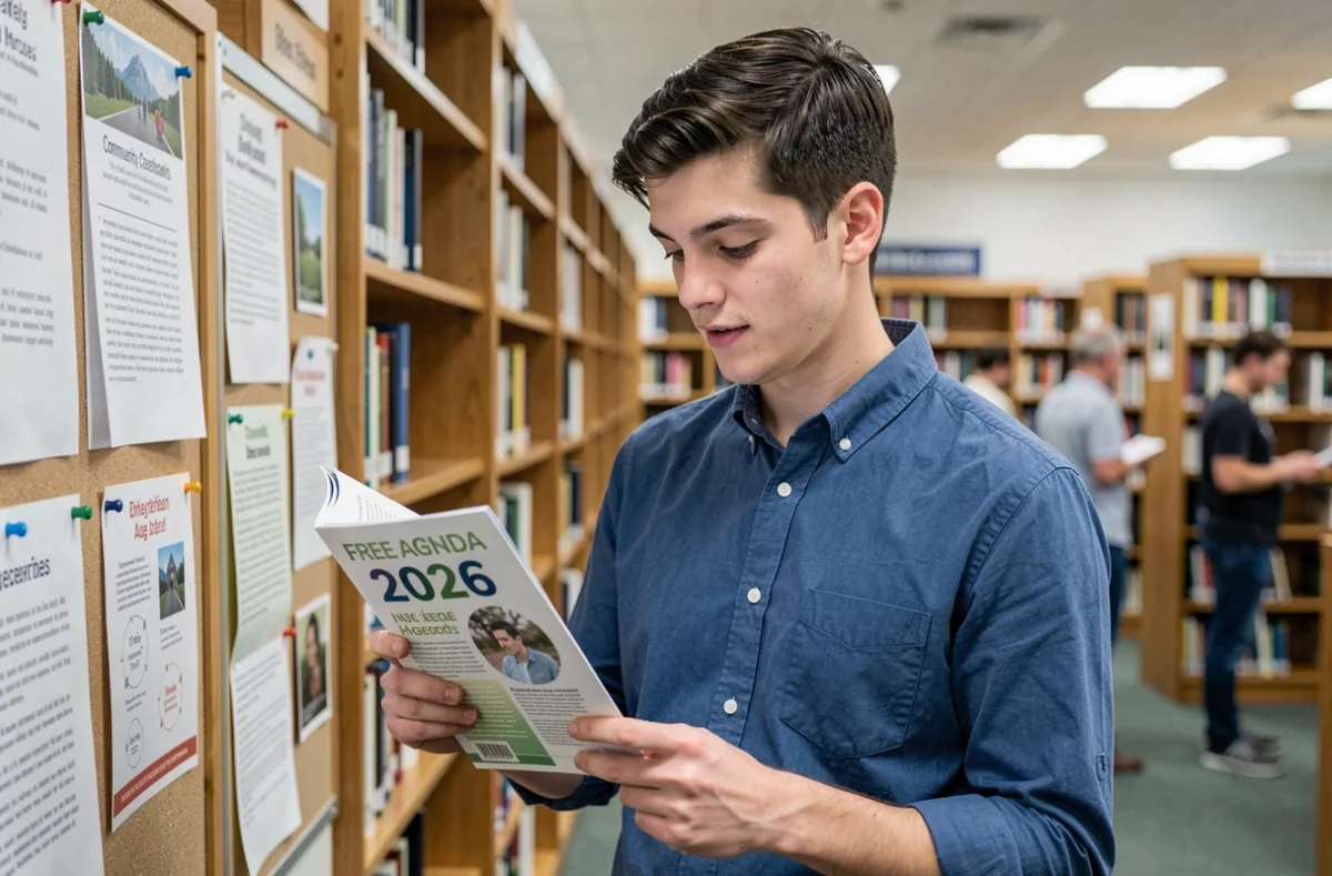 Jeune homme feuilletant un agenda gratuit 2026 dans une bibliothèque publique