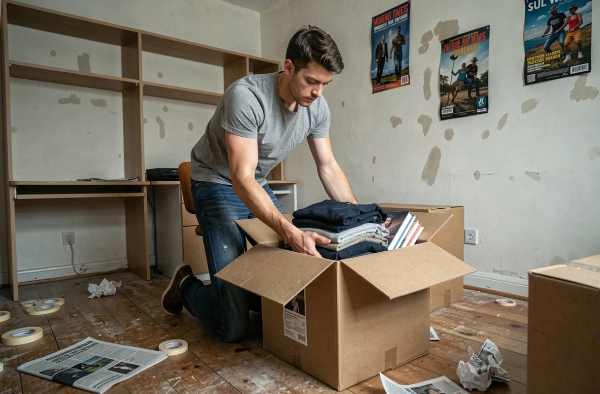 Jeune homme adulte en train de faire ses cartons dans sa chambre avant de quitter le domicile parental
